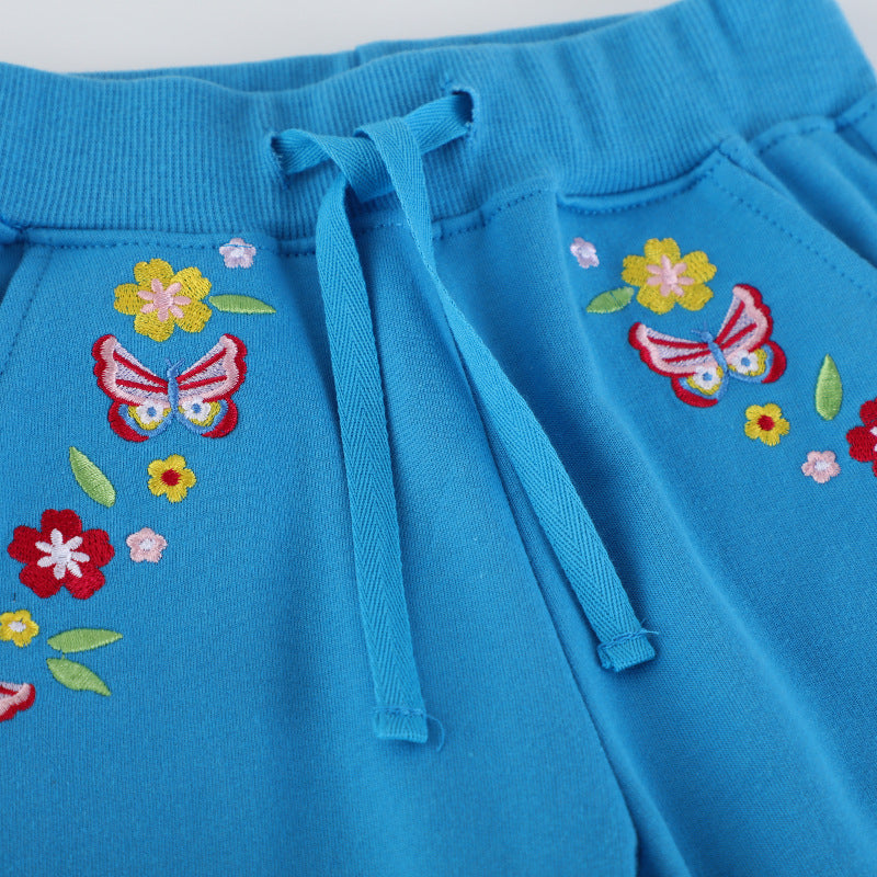 Mädchen Jogginghose mit bunten Blumen- und Schmetterlingsstickereien Drune