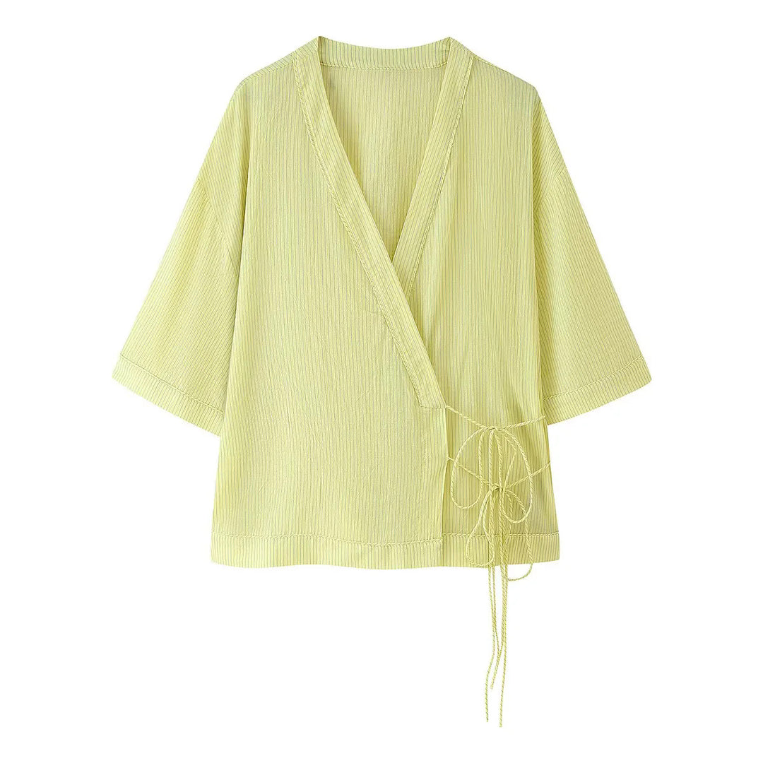 Damen lässige Wickelbluse mit dekorativem Bindeband Drune