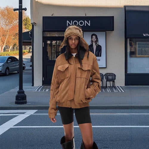 Damen Kunstlederjacke mit abnehmbarer Kapuze und voluminösen Ärmeln Drune