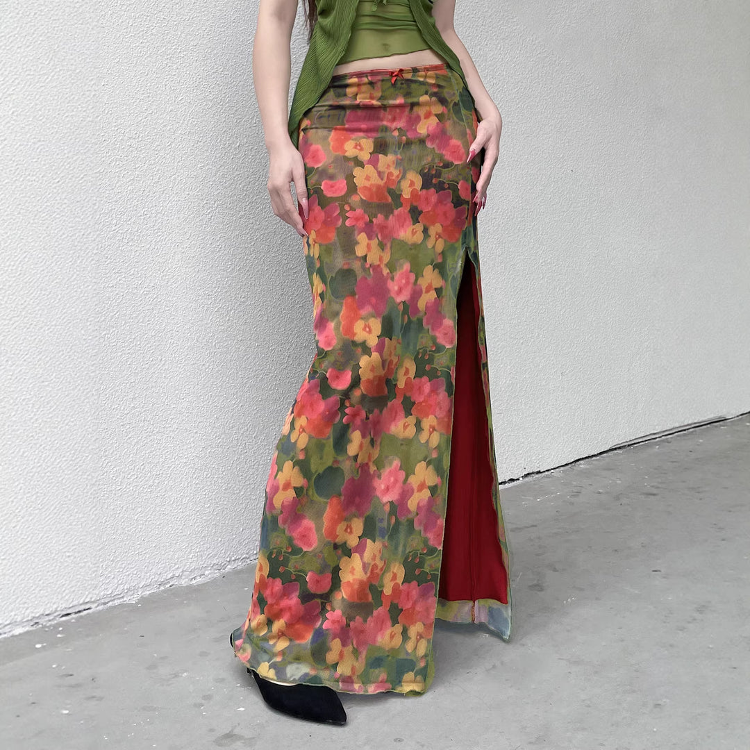 Damen Maxi-Rock mit floralem Chiffon-Design und seitlichem Schlitz Drune