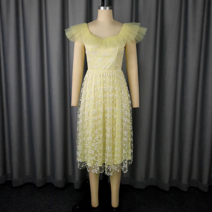 Damen festliches Blütenkleid mit voluminösen Tüllärmeln Drune