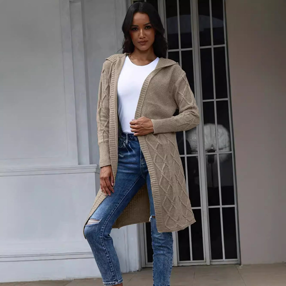 Damen Strickmantel mit Kapuze und dekorativem Zopfdesign Drune