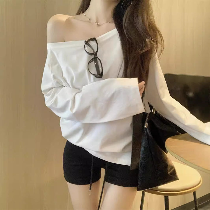 Damen lässiges Off-Shoulder Langarmshirt Drune