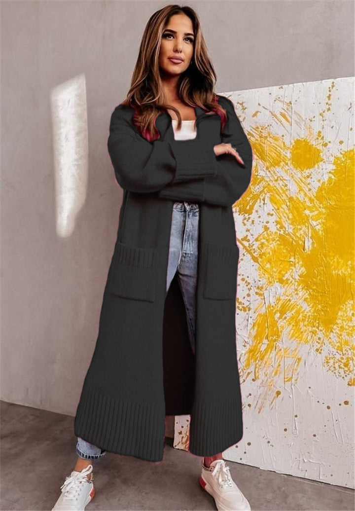 Drune | Lange Strickjacke Strickstoff Lockere Passform Offene Vorderseite Seitliche Taschen