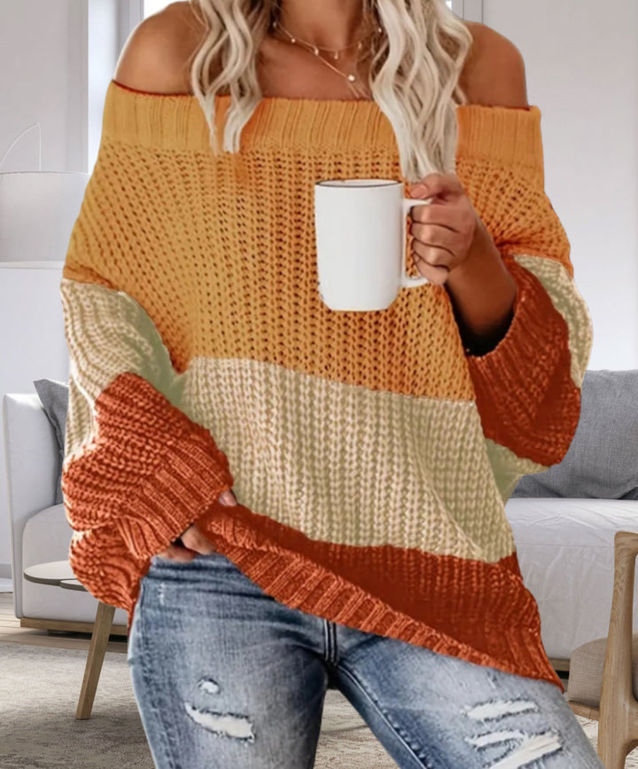 Damen Lässiger Overzise-Strickpullover mit Off-Shoulder-Ausschnitt und angesagtem Farbblockdesign Drune