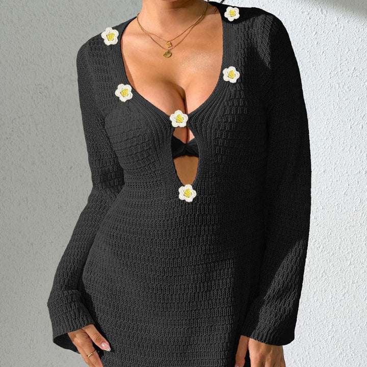Damen lässiges Strandkleid mit dekorativem V-Ausschnitt und Blumenapplikationen Drune