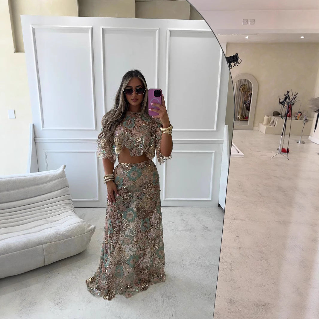 Damen Schimmerndes Mini-Kleid mit floralen Applikationen und transparenten Details Drune