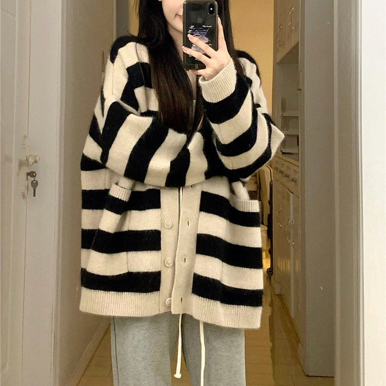 Damen Grobstrick-Cardigan mit Streifenmuster und praktischen Taschen Drune