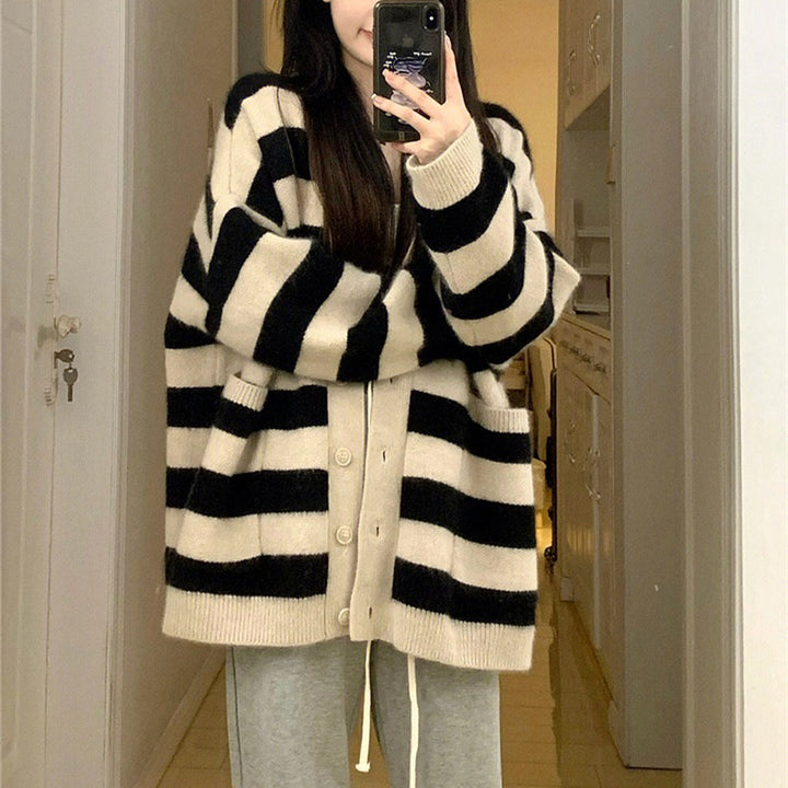 Damen Grobstrick-Cardigan mit Streifenmuster und praktischen Taschen Drune