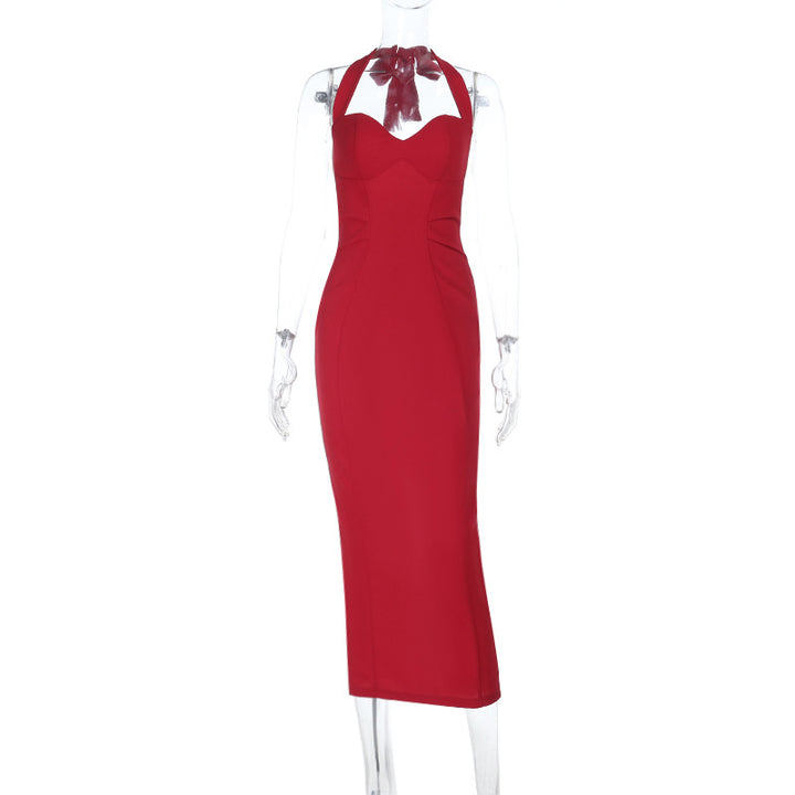 Damen stilvolles A-Linien Kleid mit Halterneck und figurbetontem Schnitt Drune