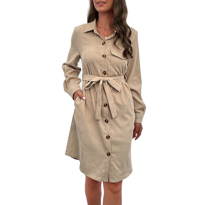Damen Knielanges Hemdblusenkleid mit Bindegürtel Drune