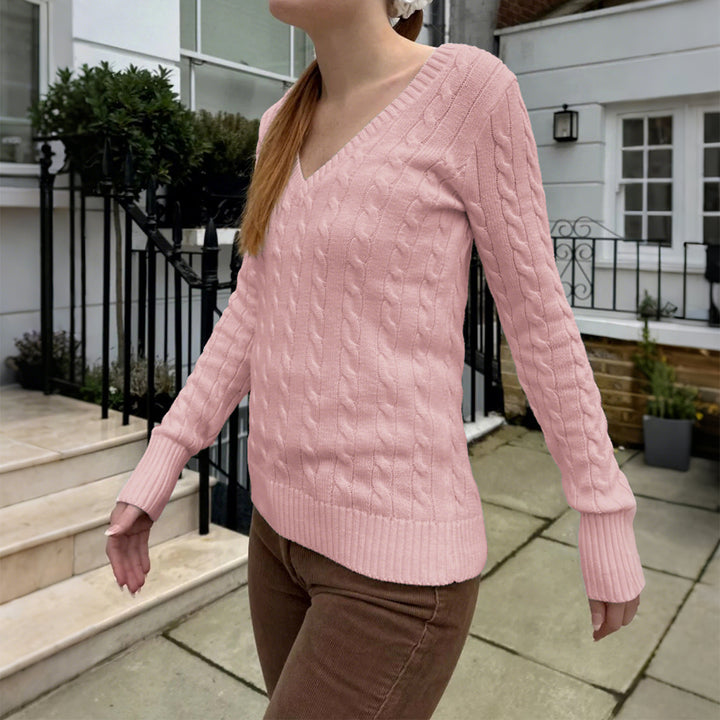 Damen nan Feinstrickpullover mit Zopfmuster, tiefem V‑Ausschnitt und schmaler Bundpassform Drune