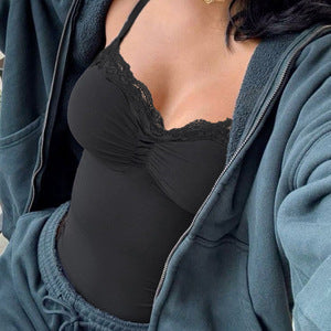 Damen Spitzentop mit breiten Trägern und gerafftem Bustier Drune
