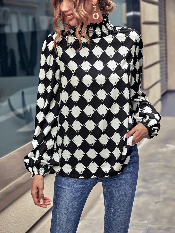 Damen elegante Bluse mit hochgeschlossenem Kragen und grafischem Muster Drune