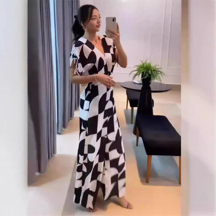 Damen Modischer Jumpsuit mit grafischem Muster und eleganten Ärmeln Drune