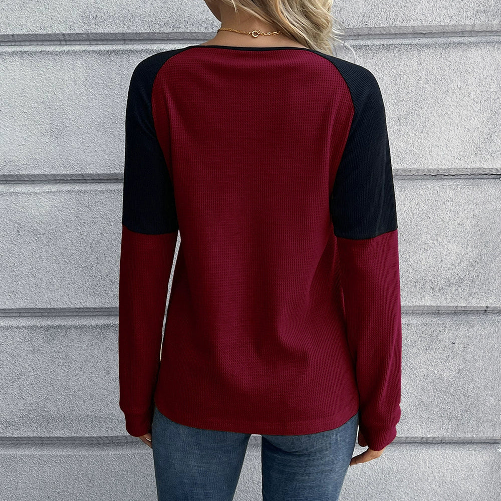 Drune | Langarm T-Shirt Waffelstrick Knopfverschluss Raglanärmel Lockere Passform