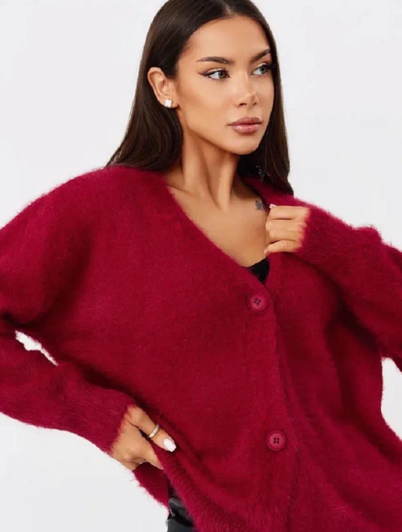 Damen kuschelige Strickjacke mit weichem Mohair-Mix und eleganter Knopfleiste Drune