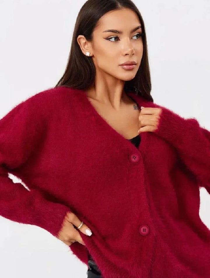Damen kuschelige Strickjacke mit weichem Mohair-Mix und eleganter Knopfleiste Drune