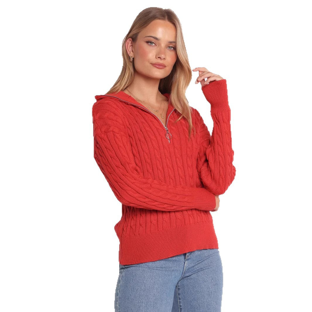 Damen Strickpullover mit elegantem Kabelmuster und modischem Stehkragen Drune