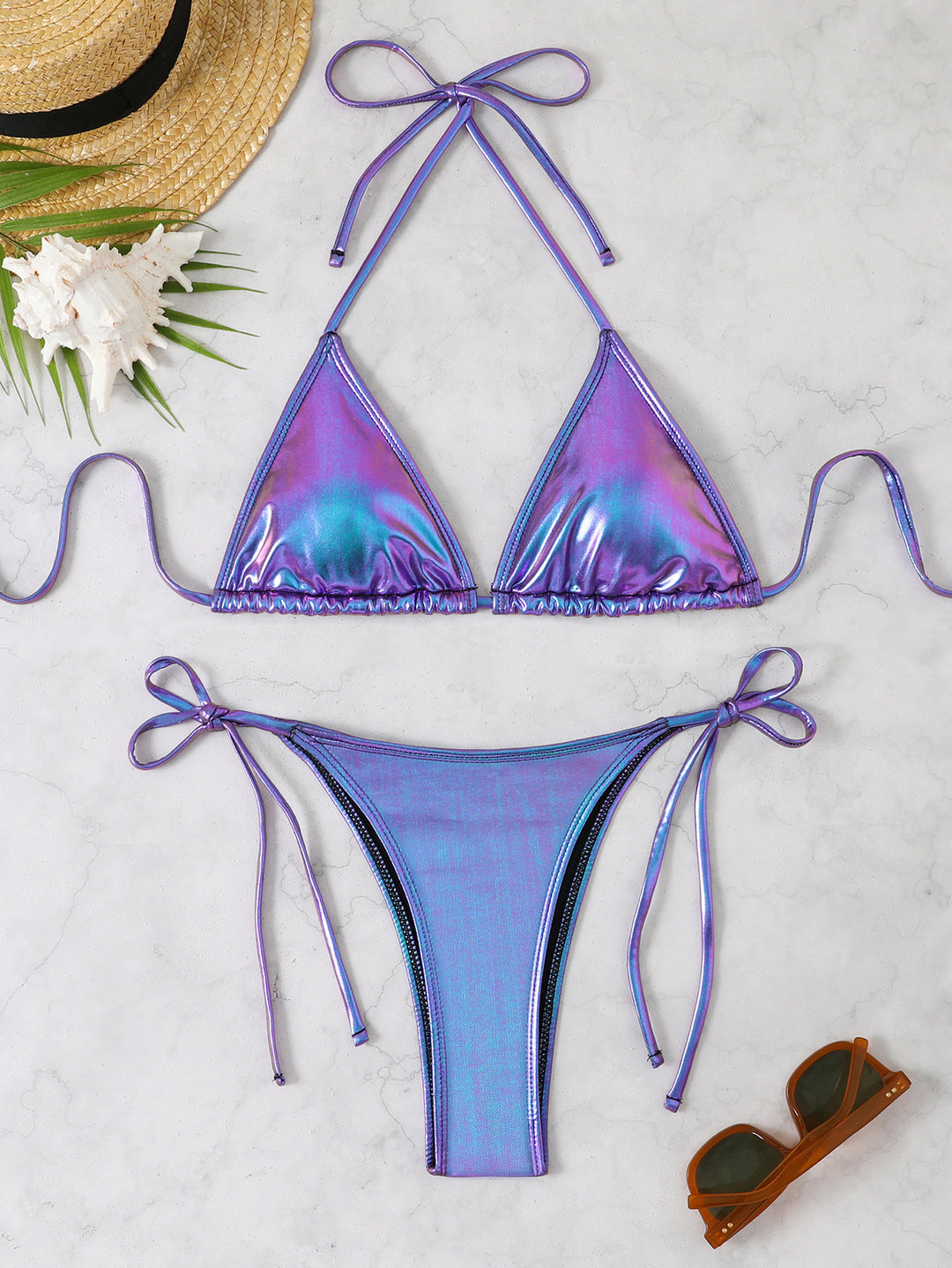 Damen Triangel-Bikini-Set mit hohen Beinausschnitten und verstellbaren Trägern Drune
