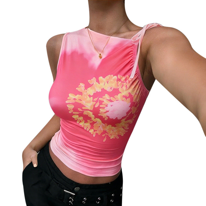 Damen figurbetontes Tanktop mit floralem Muster und feinen Rüschendetails Drune
