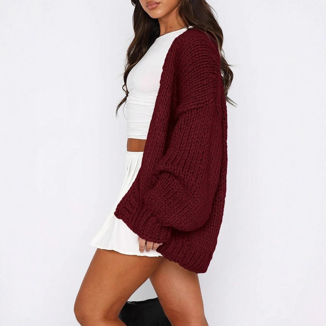 Damen Grobstrick Cardigan mit voluminösen Ärmeln und tiefem V-Ausschnitt Drune