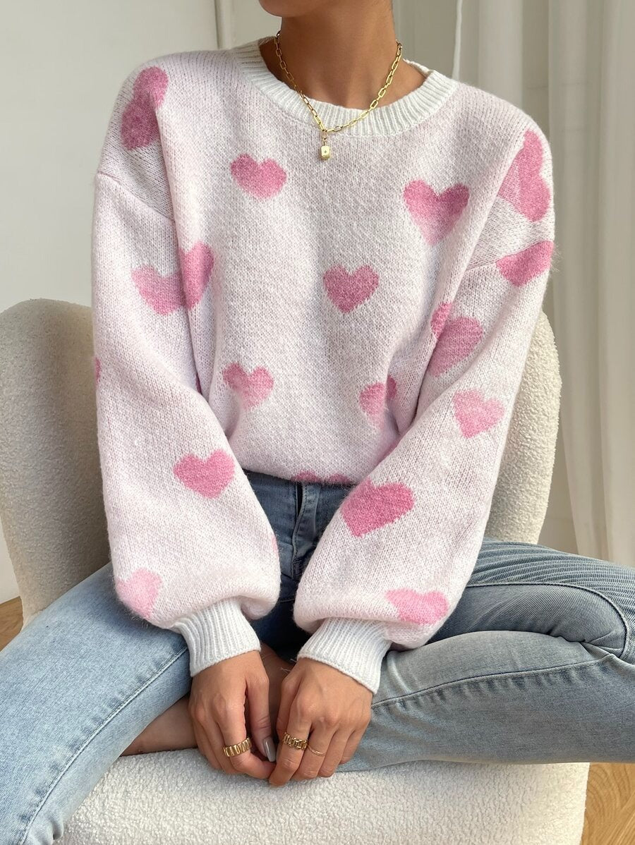Damen Kuscheliger Strickpullover mit Herzmuster und weitem Schnitt Drune