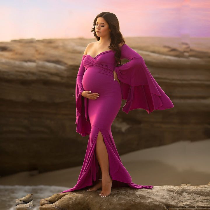 Frauen Elegant Off-Shoulder Schwangerschaft Maxikleid Drune