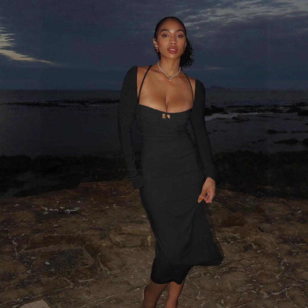 Damen figurbetontes Elegantes Kleid mit langen Ärmeln und raffiniertem Ausschnitt Drune