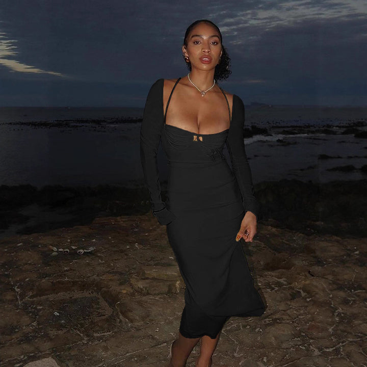 Damen figurbetontes Elegantes Kleid mit langen Ärmeln und raffiniertem Ausschnitt Drune
