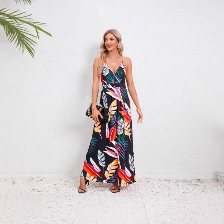 Damen Maxikleid mit zartem V-Ausschnitt und buntem Pflanzenmuster Drune