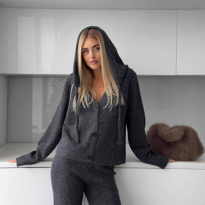 Damen eleganter Strick-Loungewear-Anzug mit weitem Bein Drune