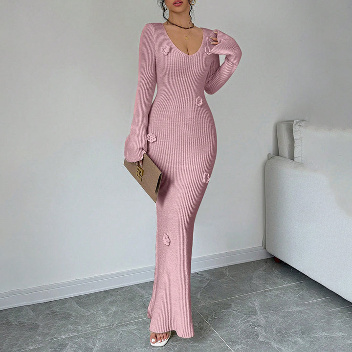 Damen Maxikleid mit elegantem Rippenstrick und modischen Blumenapplikationen Drune
