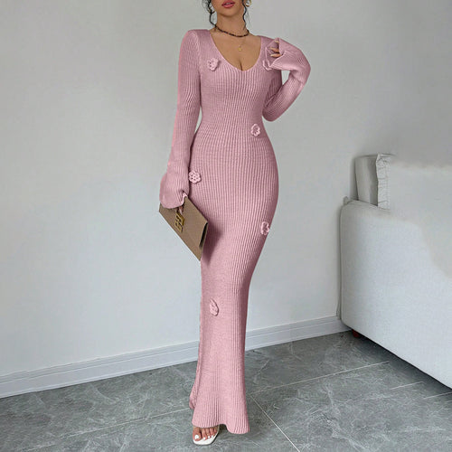 Damen Maxikleid mit elegantem Rippenstrick und modischen Blumenapplikationen Drune