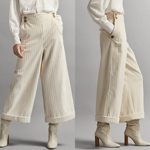 Damen weite Cordhose mit dekorativen Knöpfen Drune