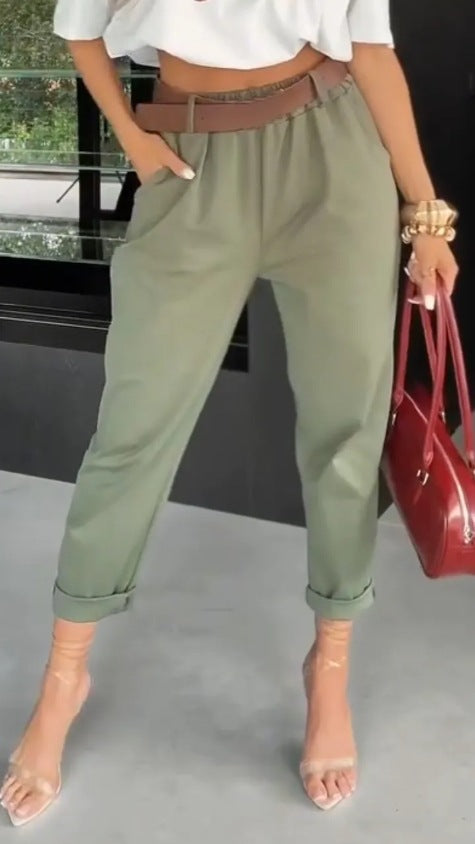 Damen moderne Chinohose mit elastischem Bund und weitem Bein Drune
