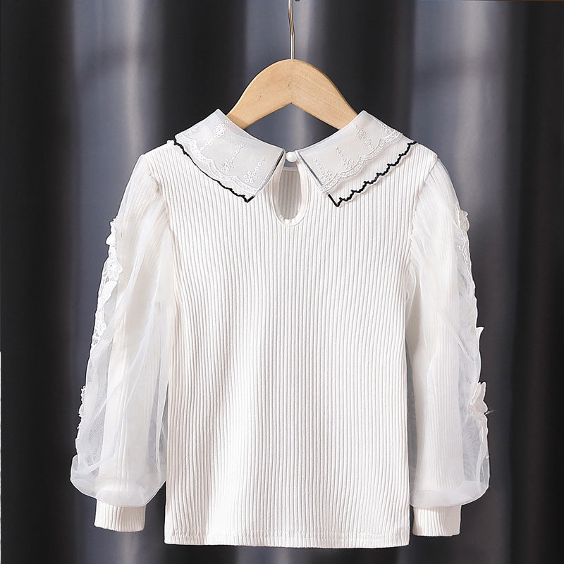 Mädchen modische Bluse mit eleganten Tüllärmeln und kunstvoller Spitzenverzierung Drune