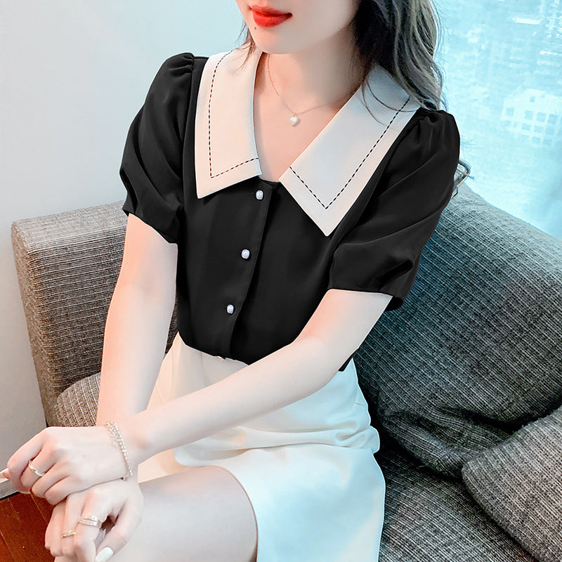 Damen elegante Bluse mit großem Kragen und Rüschendetails Drune