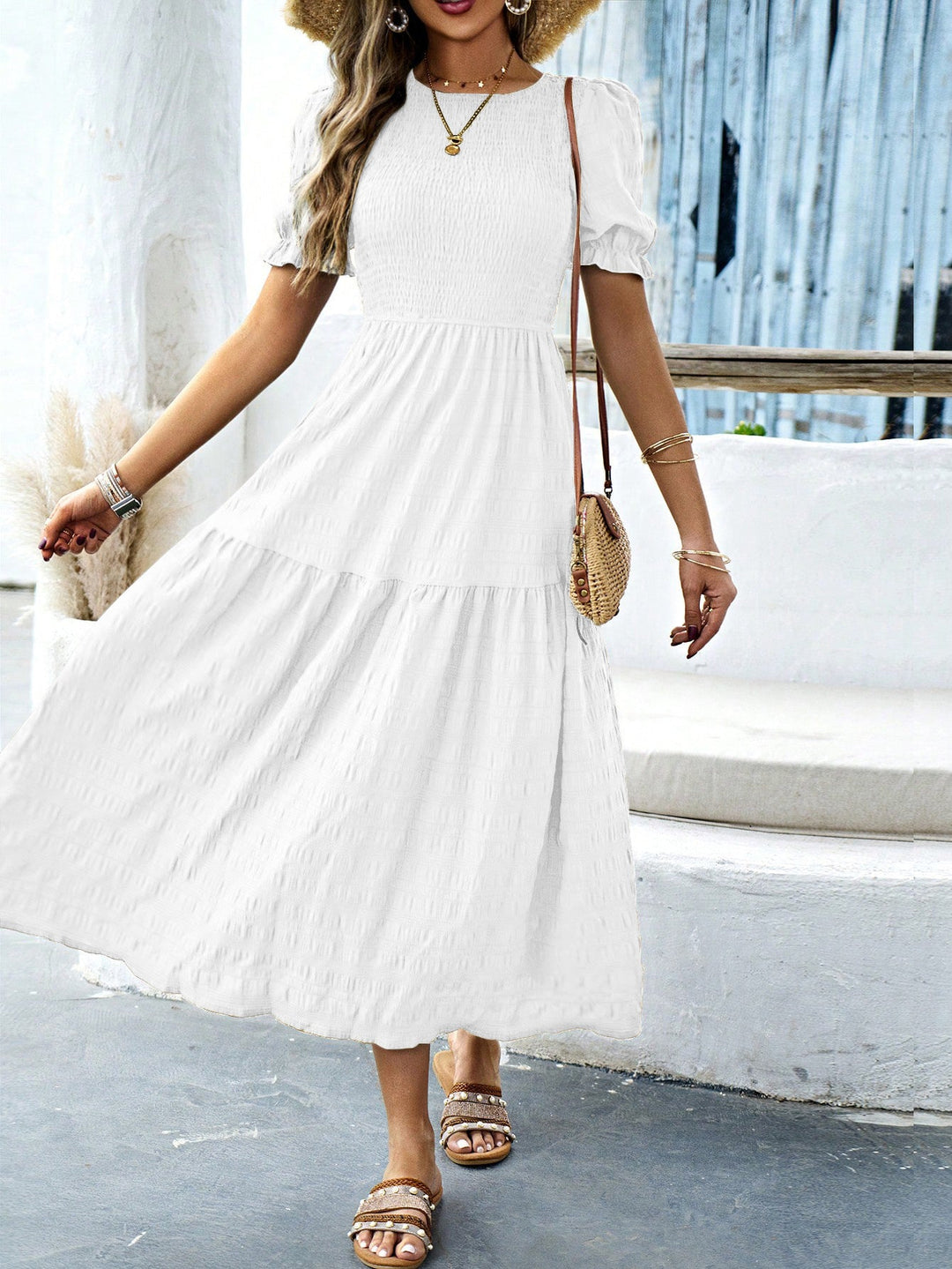 Damen Midikleid mit elastischem Taillenbund und schwingendem Rock Drune