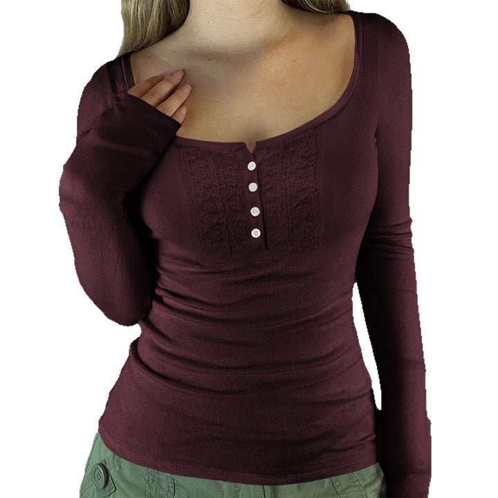 Damen nan tailliertes Langarmshirt mit quadratischem Ausschnitt, Knopfleiste und feiner Spitzenblende Drune
