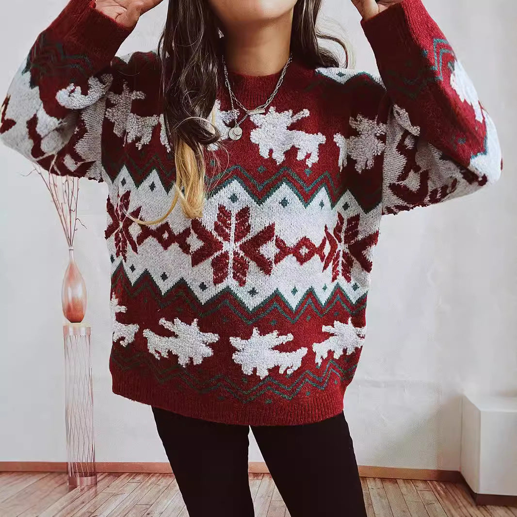 Damen festlicher Strickpullover mit weihnachtlichem Design und hohem Kragen Drune