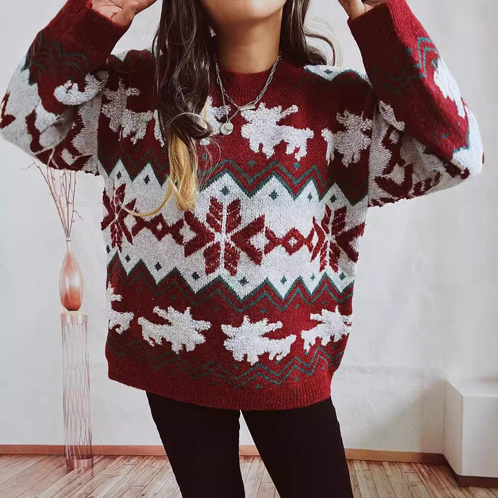Damen festlicher Strickpullover mit weihnachtlichem Design und hohem Kragen Drune