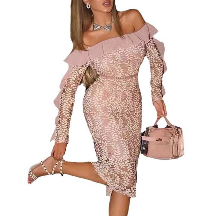 Damen Figurbetontes Spitzenkleid mit schulterfreiem Design und Rüschendetails Drune