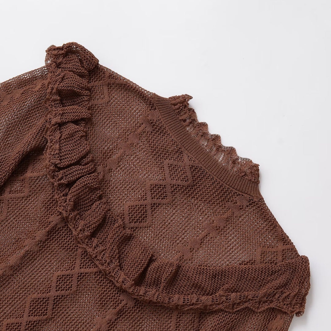 Damen Verspielte Strickjacke mit Rüschen und Knopfdetails Drune