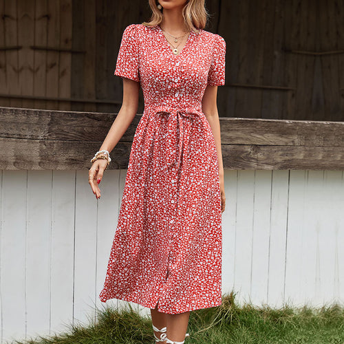 Damen Maxikleid mit floralen Mustern und lässigem Taillengürtel Drune