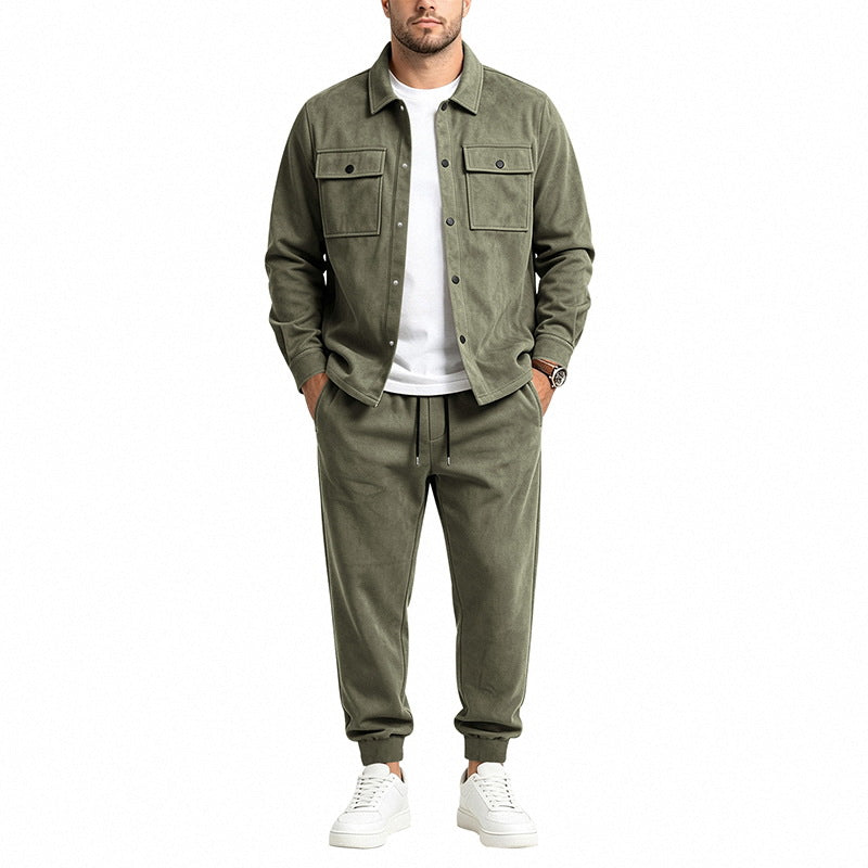 Herren nan Velours-Lounge-Set mit Overshirt, aufgesetzten Brusttaschen und tapered Jogginghose Drune