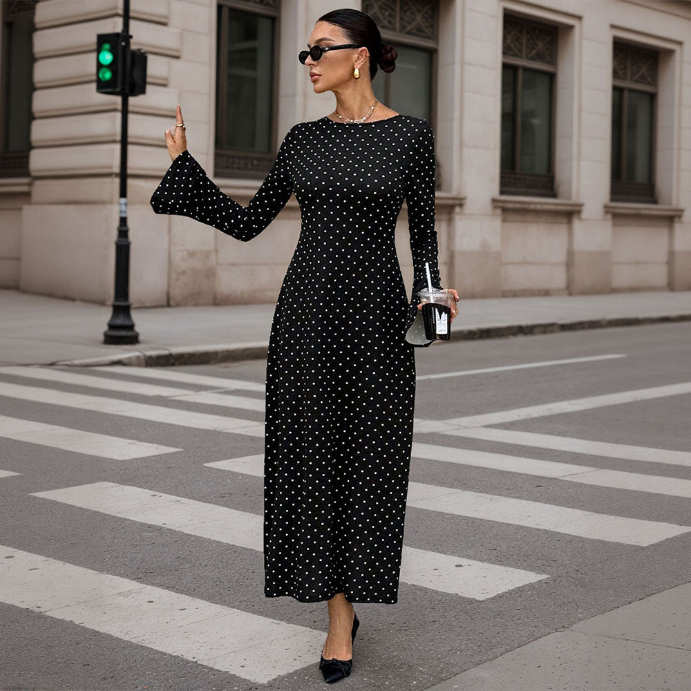 Damen Maxi-Kleid mit modischem Punkte-Dessin und eleganten Ärmeln Drune