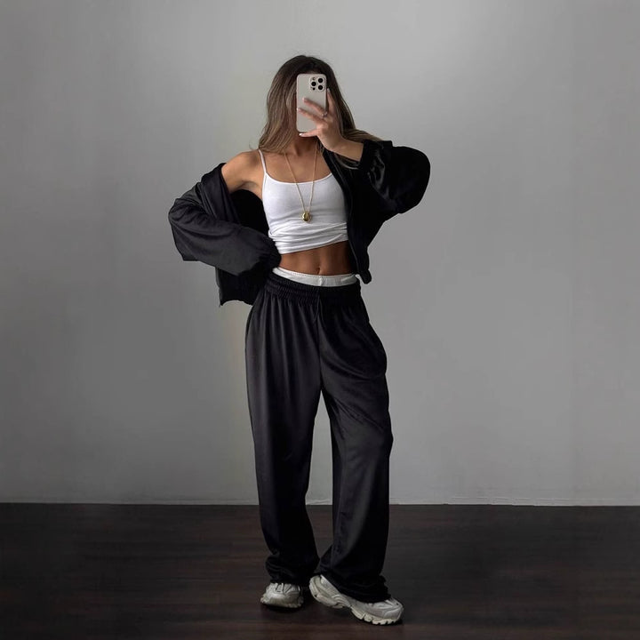Damen sportlicher Fleece-Jogginganzug mit praktischen Taschen und hohem Kragen Drune