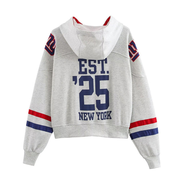 Damen sportlicher cropped Hoodie mit buntem Grafikelement und praktischem Kordelzug Drune