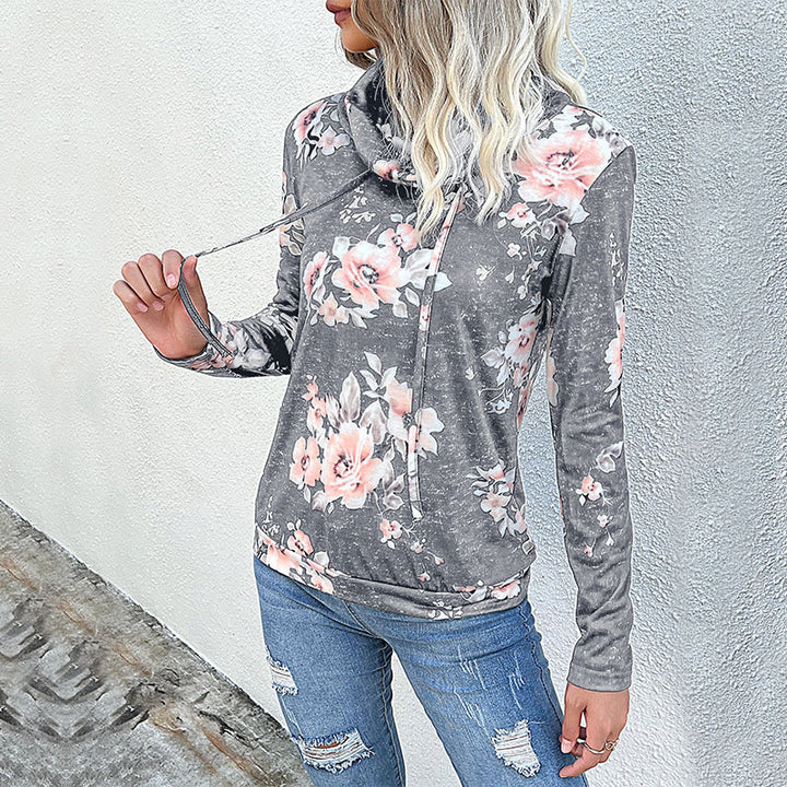 Damen Kapuzenpullover mit floralem Muster und modernem Rollkragen Drune